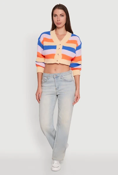 Womens Daisy Striped V-Neck Button Front Cropped Cardigan, Multi, Size M