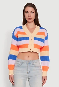 Womens Daisy Striped V-Neck Button Front Cropped Cardigan, Multi,