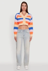 Womens Daisy Striped V-Neck Button Front Cropped Cardigan, Multi,