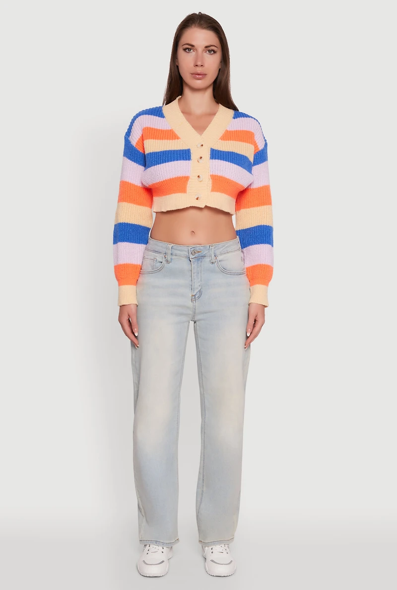 Womens Daisy Striped V-Neck Button Front Cropped Cardigan, Multi,