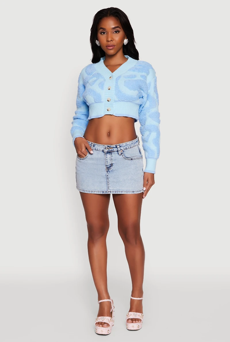 Womens Tufted Knit Button Front Cropped Cardigan, Blue,