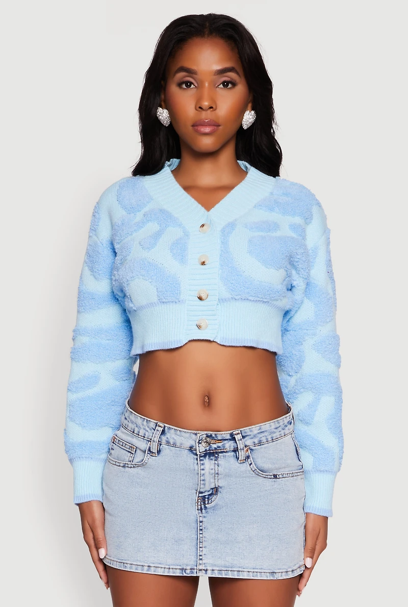 Womens Tufted Knit Button Front Cropped Cardigan, Blue,
