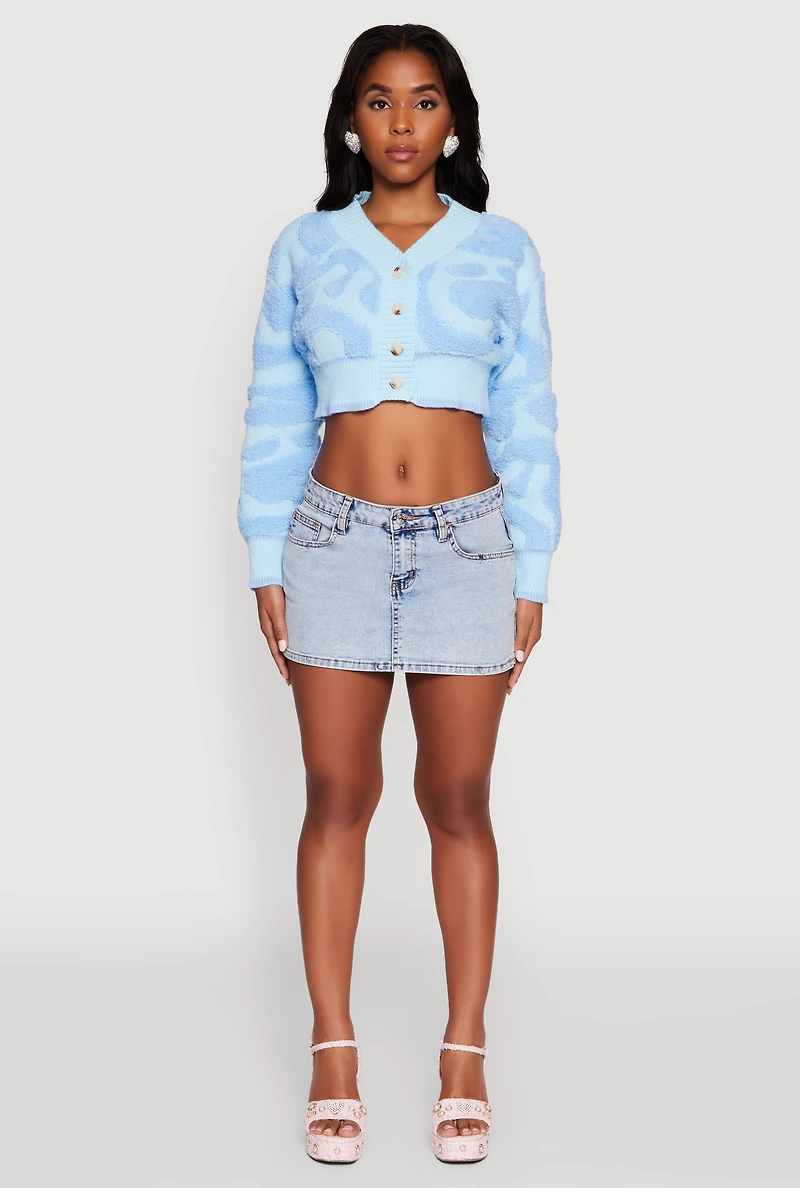 Womens Tufted Knit Button Front Cropped Cardigan, Blue,