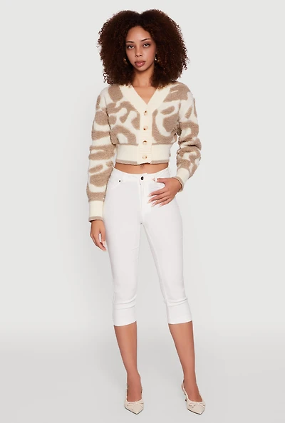 Womens Tufted Knit Button Front Cropped Cardigan, Beige, Size M