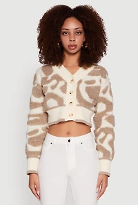 Womens Tufted Knit Button Front Cropped Cardigan, Beige, Size M