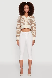 Womens Tufted Knit Button Front Cropped Cardigan, Beige, Size M