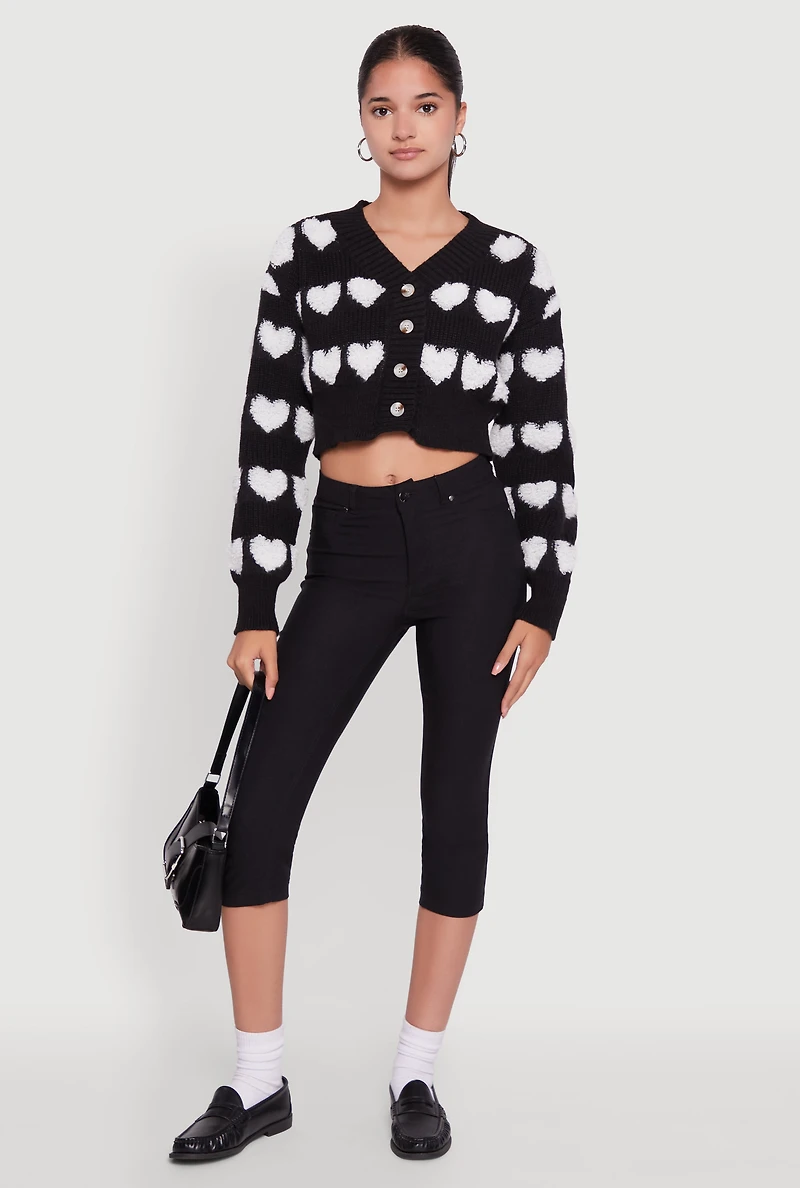 Womens Chenille Heart Patterned Brushed Knit Cropped Cardigan, Black, Size S