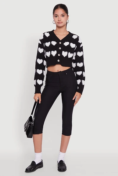Womens Chenille Heart Patterned Brushed Knit Cropped Cardigan, Black, Size S