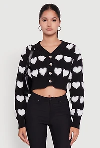 Womens Chenille Heart Patterned Brushed Knit Cropped Cardigan, Black, Size S