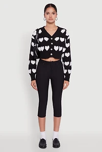 Womens Chenille Heart Patterned Brushed Knit Cropped Cardigan, Black, Size S