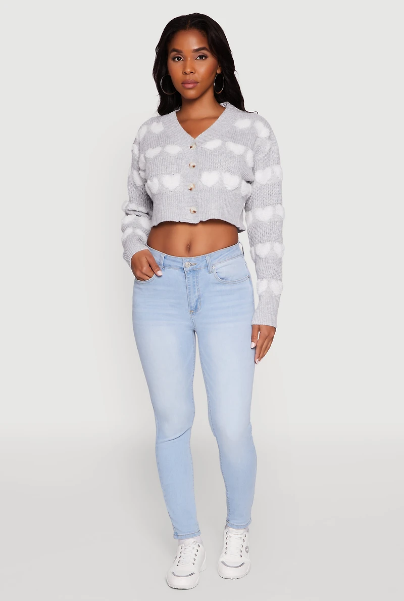 Chenille Heart Patterned Brushed Knit Cropped Cardigan