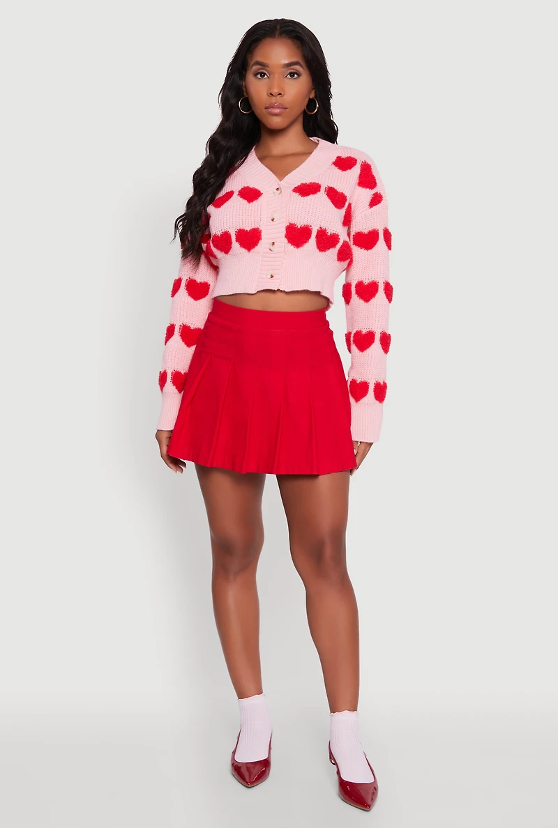 Womens Chenille Heart Patterned Brushed Knit Cropped Cardigan, Pink, Size M