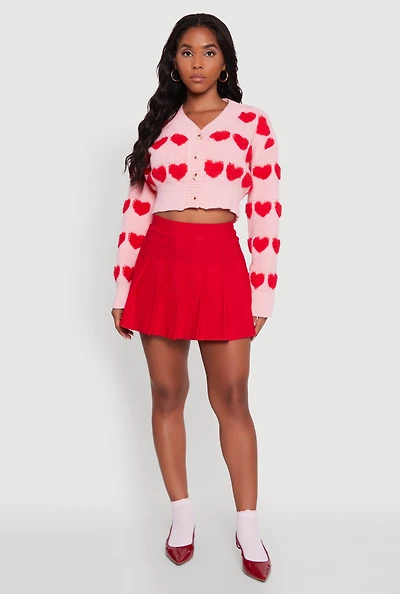 Womens Chenille Heart Patterned Brushed Knit Cropped Cardigan, Pink, Size M