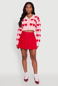 Womens Chenille Heart Patterned Brushed Knit Cropped Cardigan, Pink, Size M