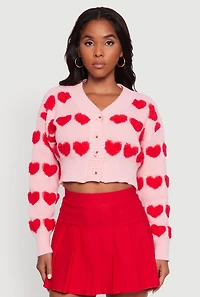 Womens Chenille Heart Patterned Brushed Knit Cropped Cardigan, Pink, Size L