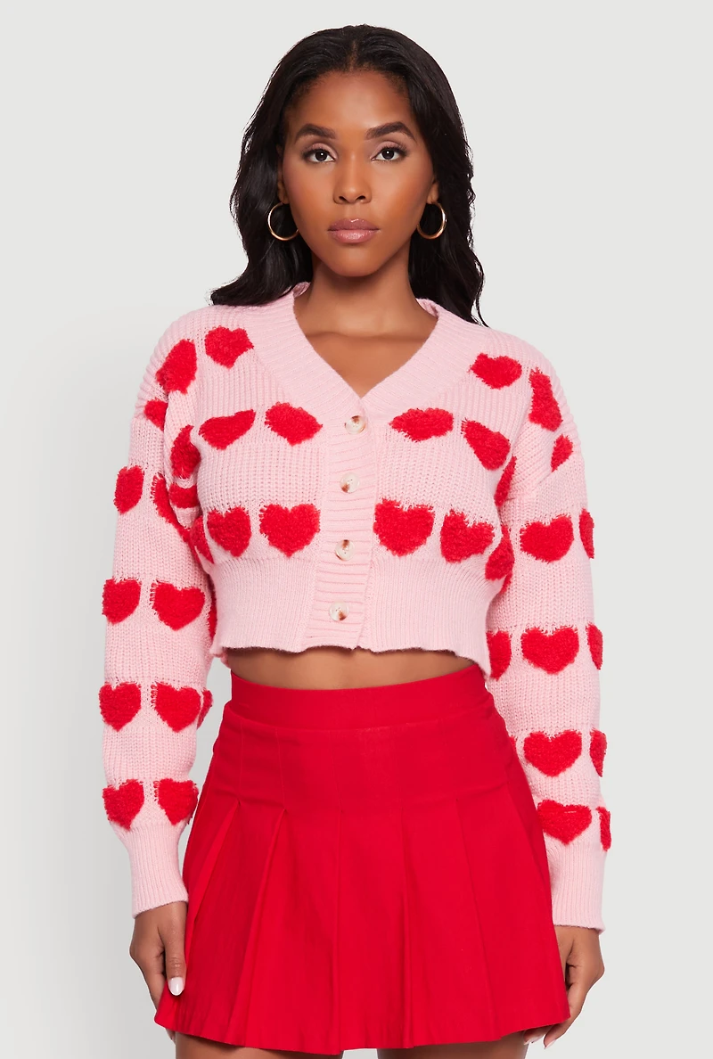 Womens Chenille Heart Patterned Brushed Knit Cropped Cardigan, Pink, Size M