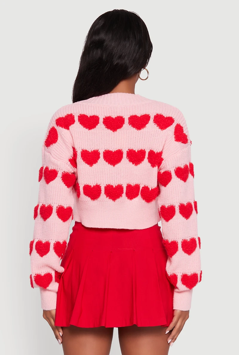 Womens Chenille Heart Patterned Brushed Knit Cropped Cardigan, Pink, Size M