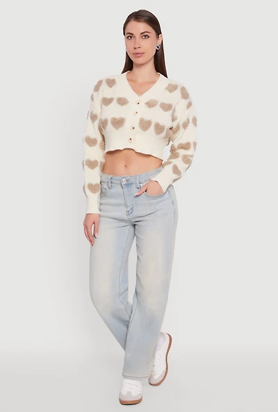 Womens Chenille Heart Patterned Brushed Knit Cropped Cardigan,