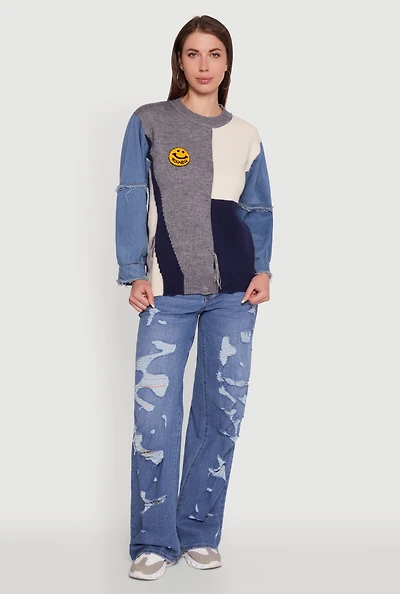 Womens Daisy Color Blocked Denim Sleeve Sweater, Blue, Size M