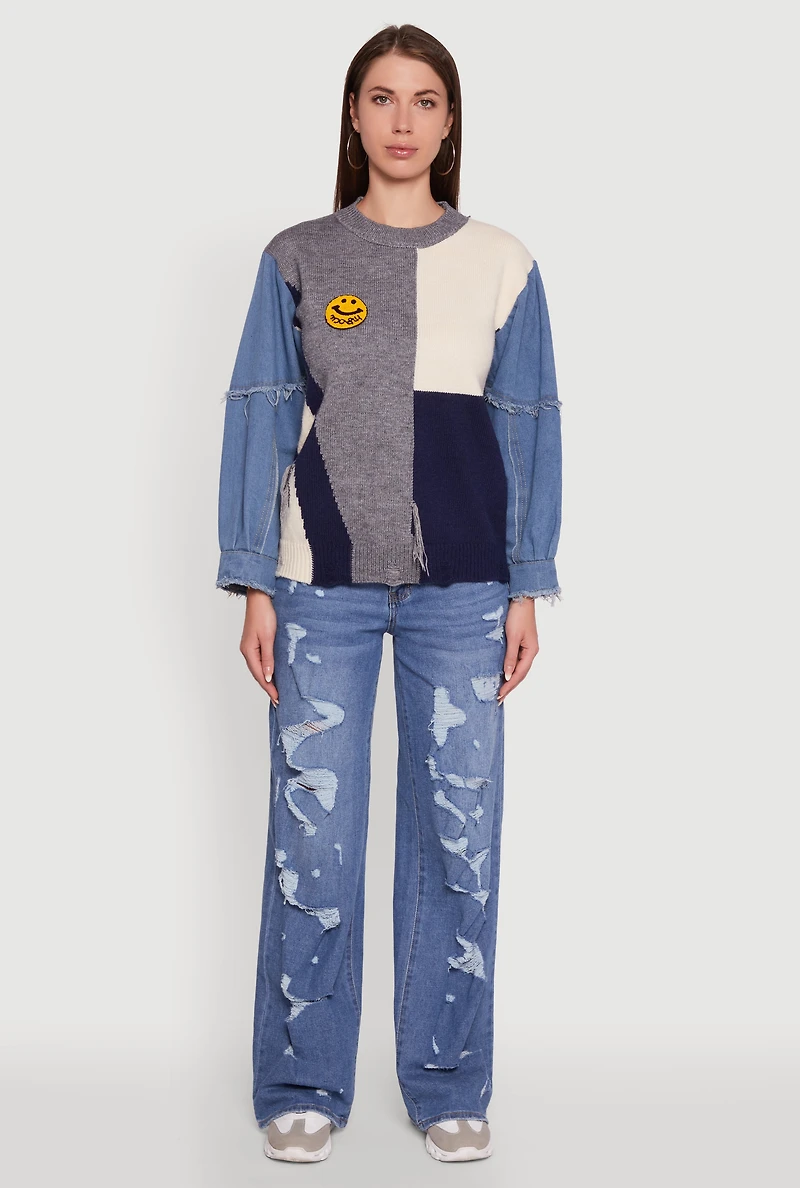 Daisy Color Blocked Denim Sleeve Sweater