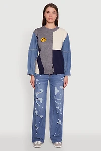 Daisy Color Blocked Denim Sleeve Sweater