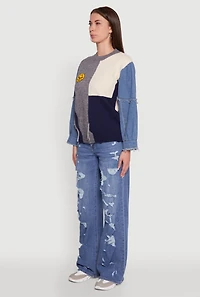 Daisy Color Blocked Denim Sleeve Sweater