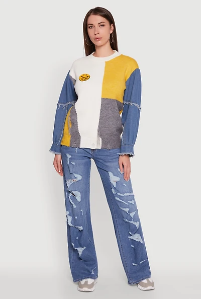 Womens Daisy Color Blocked Denim Sleeve Sweater, Multi, Size S