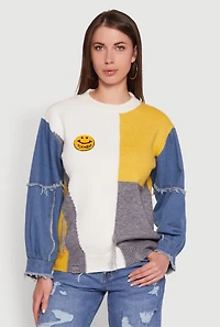 Womens Daisy Color Blocked Denim Sleeve Sweater, Multi,