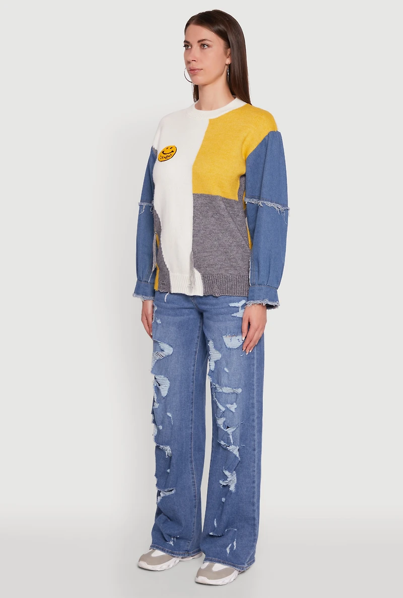 Womens Daisy Color Blocked Denim Sleeve Sweater, Multi,