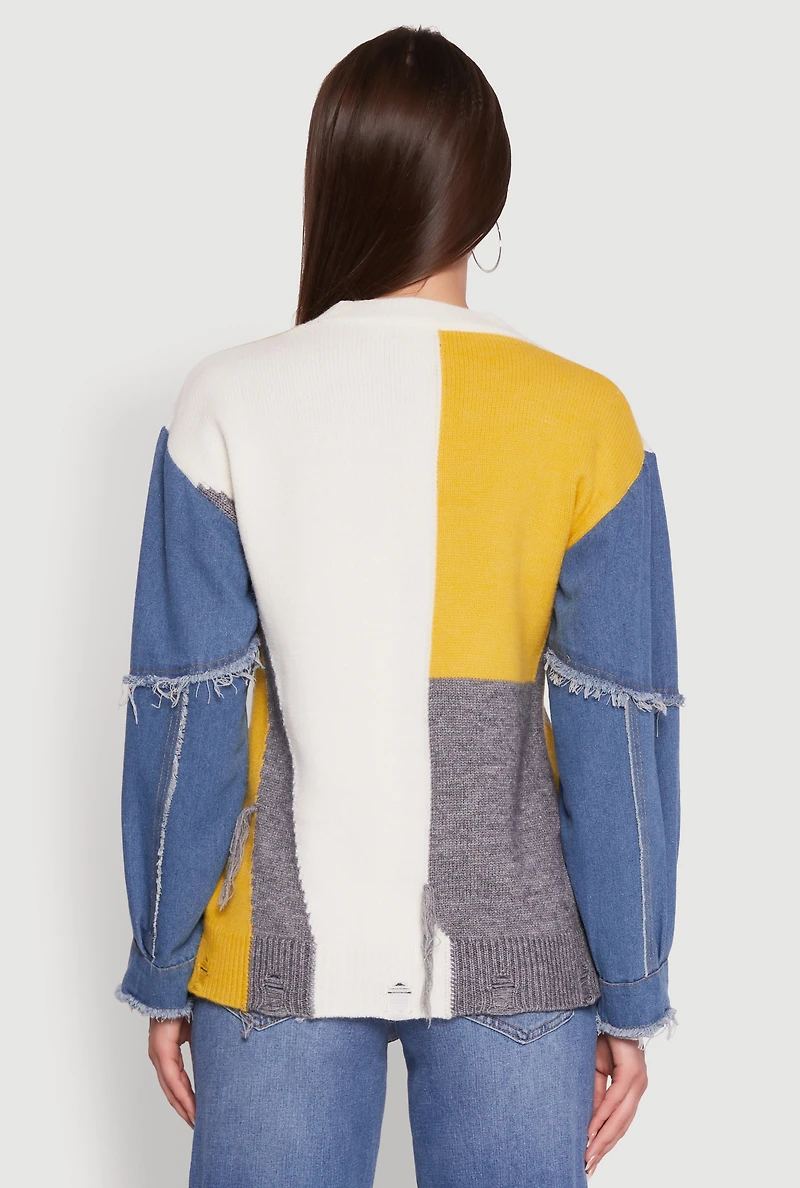 Womens Daisy Color Blocked Denim Sleeve Sweater, Multi,