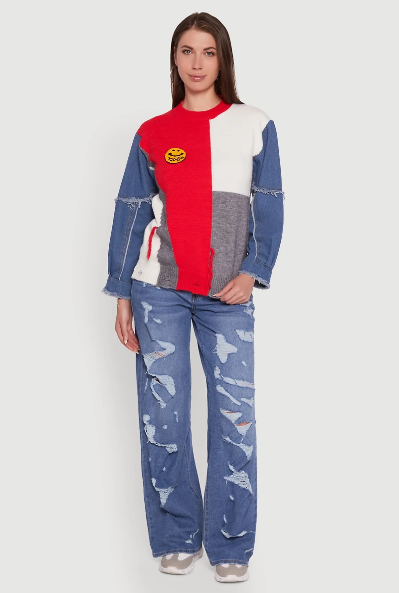 Womens Daisy Color Blocked Denim Sleeve Sweater, Multi,