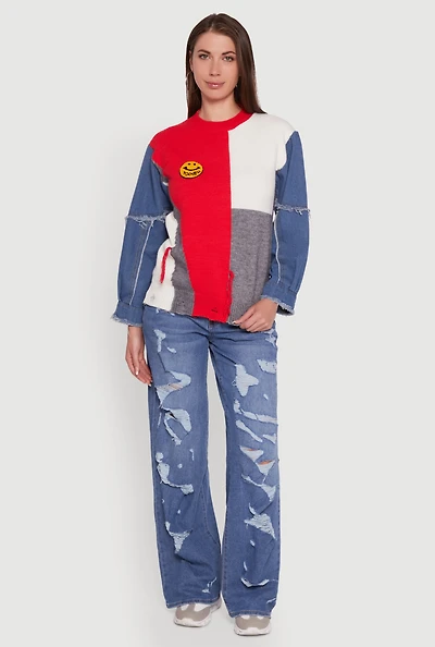 Womens Daisy Color Blocked Denim Sleeve Sweater, Multi,