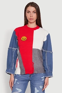 Womens Daisy Color Blocked Denim Sleeve Sweater, Multi,