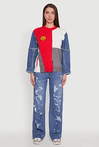 Womens Daisy Color Blocked Denim Sleeve Sweater, Multi,