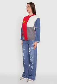 Womens Daisy Color Blocked Denim Sleeve Sweater, Multi,