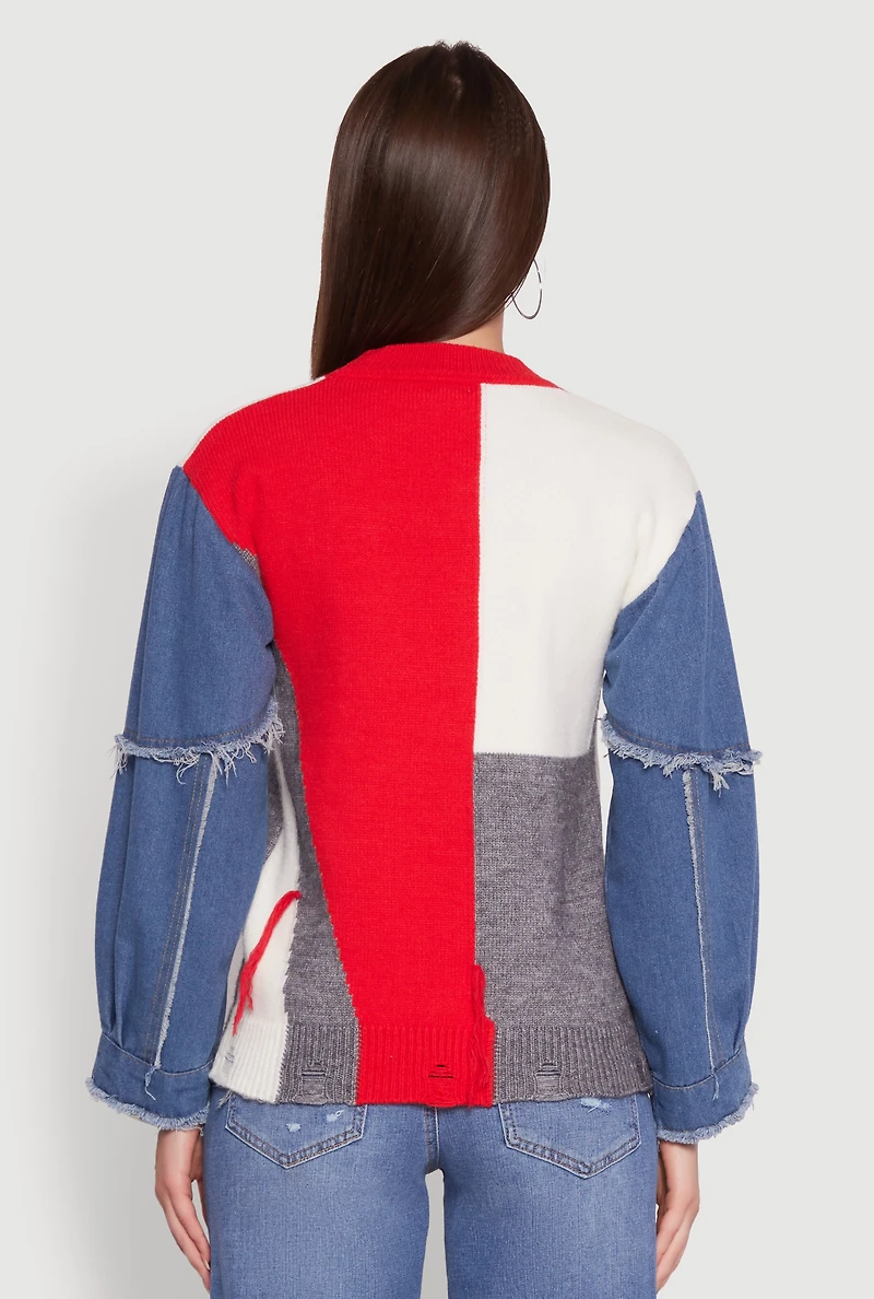 Womens Daisy Color Blocked Denim Sleeve Sweater, Multi,