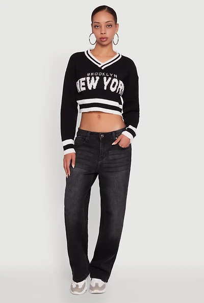 Womens Daisy Chenille New York Graphic Cropped Sweater, Black, Size S