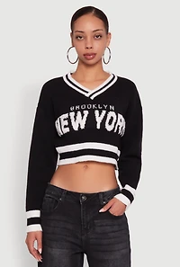 Womens Daisy Chenille New York Graphic Cropped Sweater, S