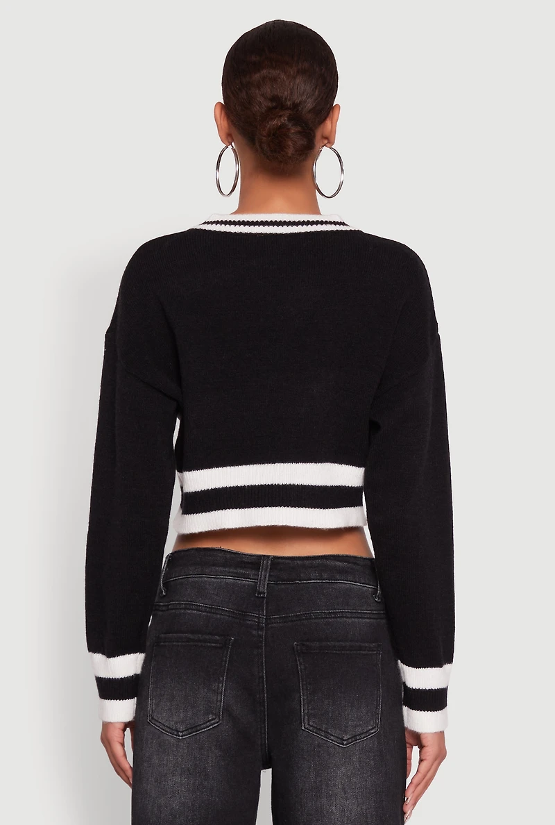 Womens Daisy Chenille New York Graphic Cropped Sweater, Black, Size S