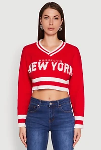 Womens Daisy Chenille New York Graphic Cropped Sweater, Red, Size M