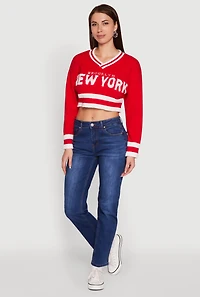 Womens Daisy Chenille New York Graphic Cropped Sweater, Red, Size M