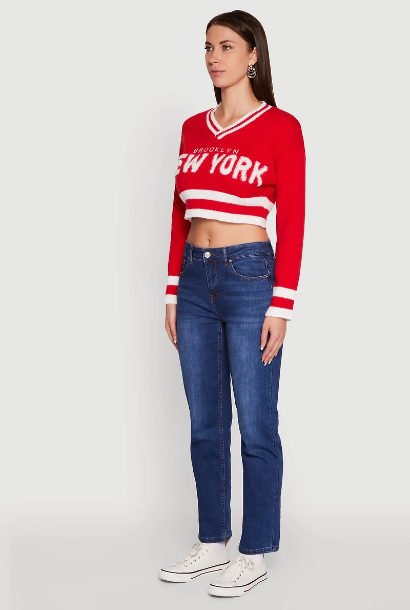 Womens Daisy Chenille New York Graphic Cropped Sweater, Red, Size M