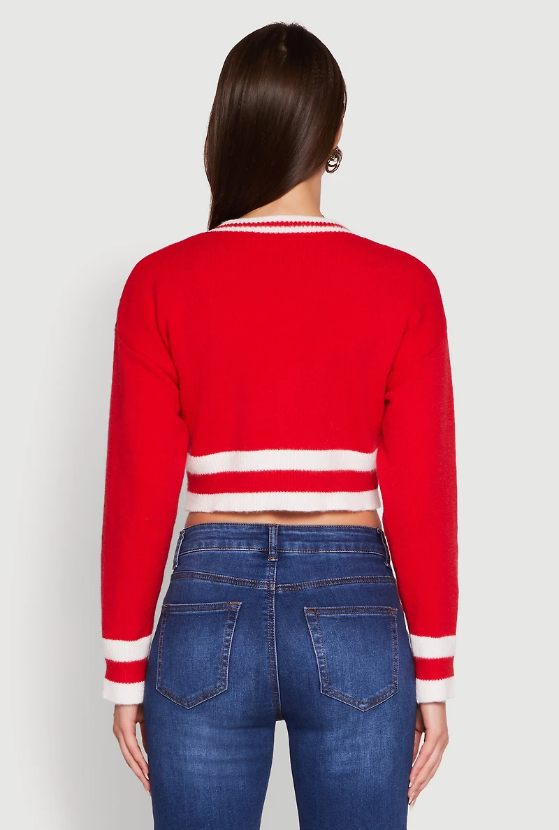 Womens Daisy Chenille New York Graphic Cropped Sweater, Red, Size M