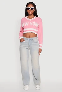 Womens Daisy Chenille New York Graphic Cropped Sweater, Pink, Size L