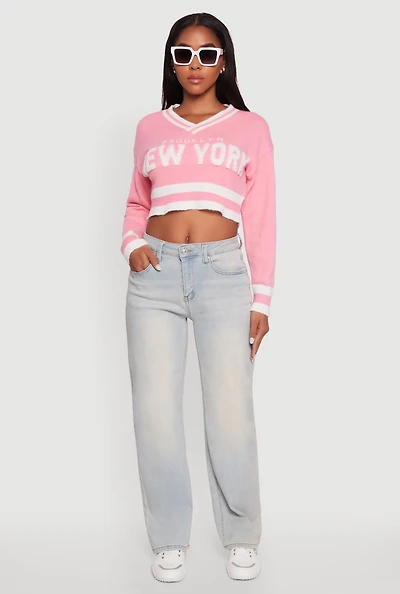 Womens Daisy Chenille New York Graphic Cropped Sweater, Pink, Size S