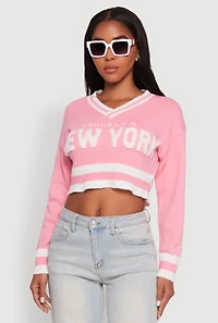 Womens Daisy Chenille New York Graphic Cropped Sweater, Pink, Size M