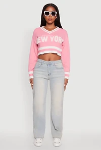 Womens Daisy Chenille New York Graphic Cropped Sweater, Pink, Size M