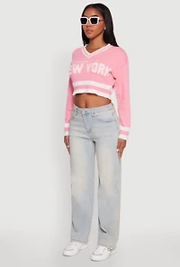 Womens Daisy Chenille New York Graphic Cropped Sweater, Pink, Size M