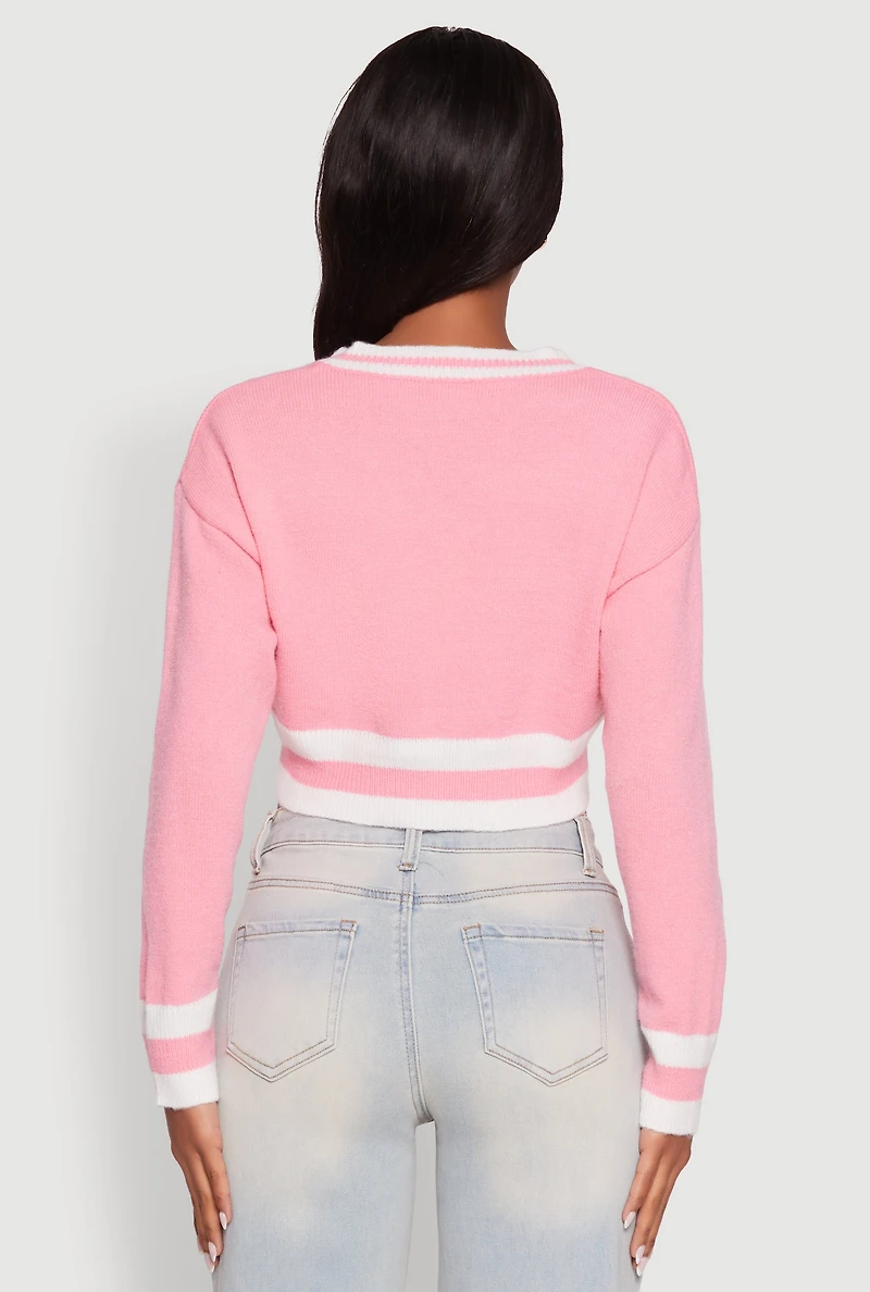 Womens Daisy Chenille New York Graphic Cropped Sweater, Pink, Size M