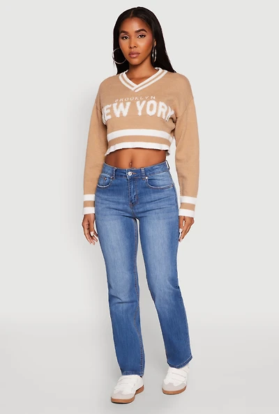 Womens Daisy Chenille New York Graphic Cropped Sweater,